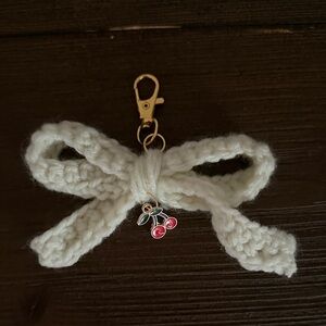 White Handmade Crochet Bow Keychain with Cherry Charm